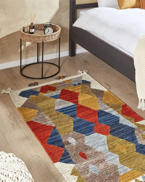 Teppe Flerfarget Ull Bomull 80 x 150 cm Kelim Håndvevd Dusker Lappemønster Boho Tilbehør Dekorativt