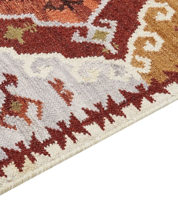 Kelimteppe flerfarget ull- og bomullsteppe 200 x 300 cm håndlaget vevd boho lappeteppe med dusker