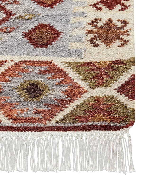 Kelimteppe flerfarget ull- og bomullsteppe 200 x 300 cm håndlaget vevd boho lappeteppe med dusker