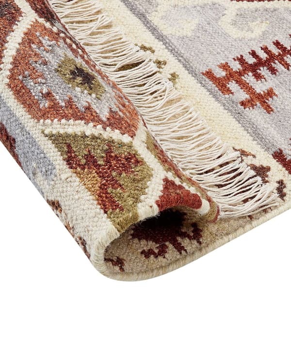 Kelimteppe flerfarget ull- og bomullsteppe 200 x 300 cm håndlaget vevd boho lappeteppe med dusker