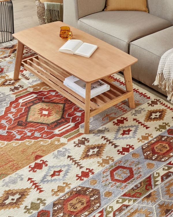 Kelimteppe flerfarget ull- og bomullsteppe 200 x 300 cm håndlaget vevd boho lappeteppe med dusker