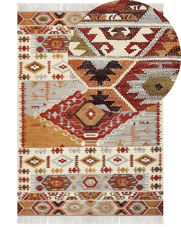 Kelimteppe flerfarget ull- og bomullsteppe 200 x 300 cm håndlaget vevd boho lappeteppe med dusker
