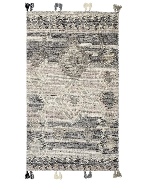 Teppe Grå Ull Bomull 80 x 150 cm Kelim Håndvevd Lappemønster Dusker Boho Dekorativt Stue Soverom