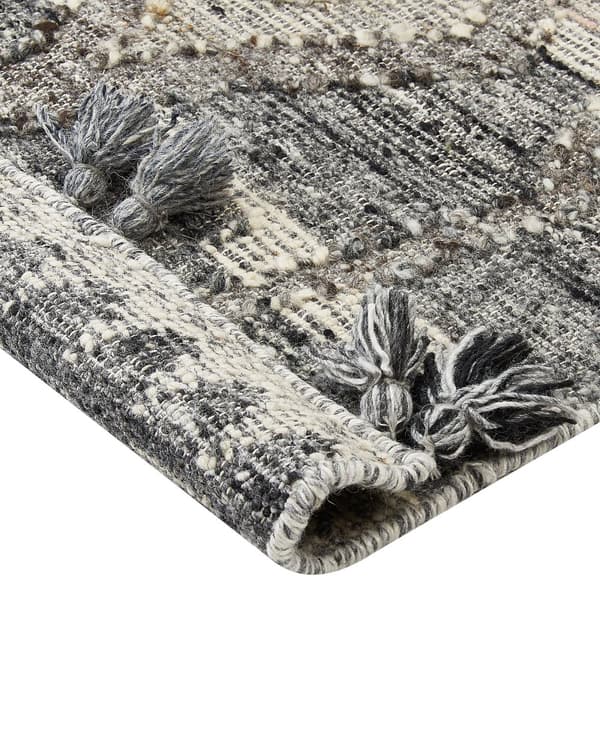 Teppe Grå Ull Bomull 80 x 150 cm Kelim Håndvevd Lappemønster Dusker Boho Dekorativt Stue Soverom
