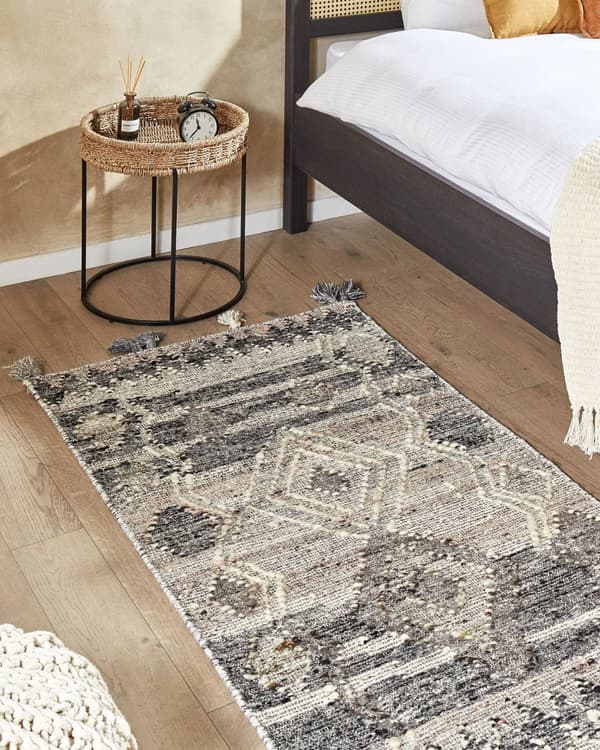 Teppe Grå Ull Bomull 80 x 150 cm Kelim Håndvevd Lappemønster Dusker Boho Dekorativt Stue Soverom