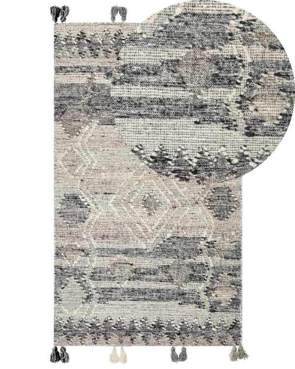 Teppe Grå Ull Bomull 80 x 150 cm Kelim Håndvevd Lappemønster Dusker Boho Dekorativt Stue Soverom