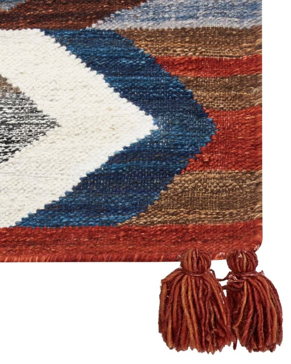 Kelimteppe Flerfarget ull- og bomullsteppe 160 x 230 cm Håndlaget vevd boho lappeteppe med dusker