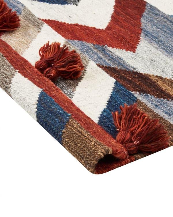 Kelimteppe Flerfarget ull- og bomullsteppe 160 x 230 cm Håndlaget vevd boho lappeteppe med dusker