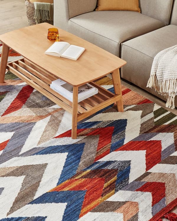 Kelimteppe Flerfarget ull- og bomullsteppe 160 x 230 cm Håndlaget vevd boho lappeteppe med dusker