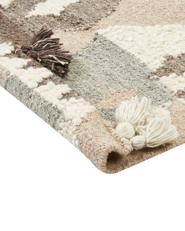 Kelimteppe Flerfarget ull- og bomullsteppe 160 x 230 cm Håndlaget Vevd Boho Lappeteppe med dusker