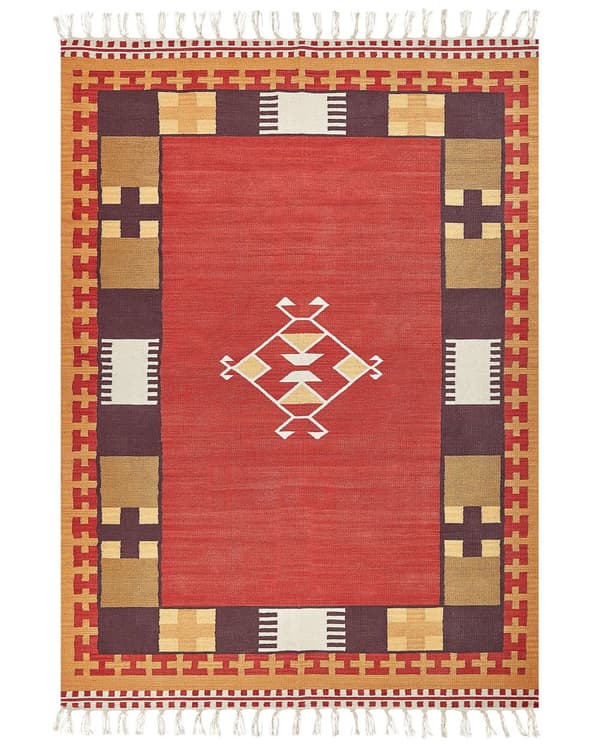 Kelimteppe Flerfarget Bomull 200 x 300 cm Håndvevd Vendbart Geometrisk mønster Frynser Tradisjonell stil Boho Stue Soverom