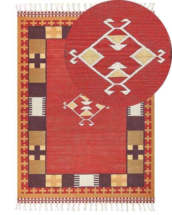 Kelimteppe Flerfarget Bomull 200 x 300 cm Håndvevd Vendbart Geometrisk mønster Frynser Tradisjonell stil Boho Stue Soverom