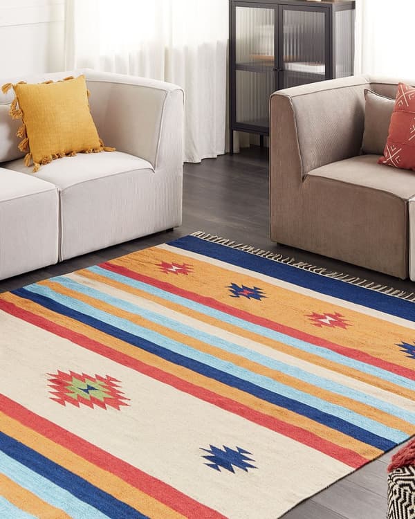 Kelimteppe Flerfarget Bomull 200 x 300 cm Håndvevd Vendbart Geometrisk mønster Frynser Tradisjonell stil Boho Stue Soverom
