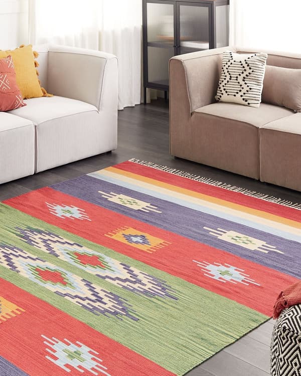 Kelimteppe Flerfarget Bomull 200 x 300 cm Håndvevd Vendbart Geometrisk mønster Frynser Tradisjonell stil Boho Stue Soverom