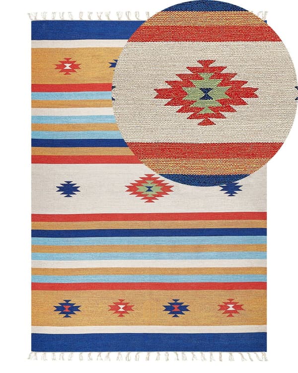 Kelimteppe Flerfarget Bomull 140 x 200 cm Håndvevd Vendbart Geometrisk mønster Frynser Tradisjonell stil Boho Stue Soverom
