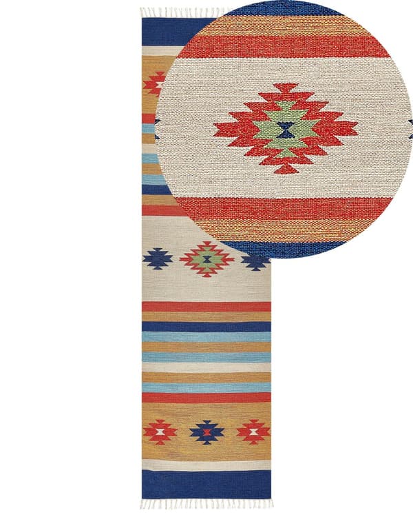 Kelimteppe Flerfarget Bomull 80 x 300 cm Håndvevd Vendbart Geometrisk mønster Frynser Tradisjonell stil Boho Stue Soverom