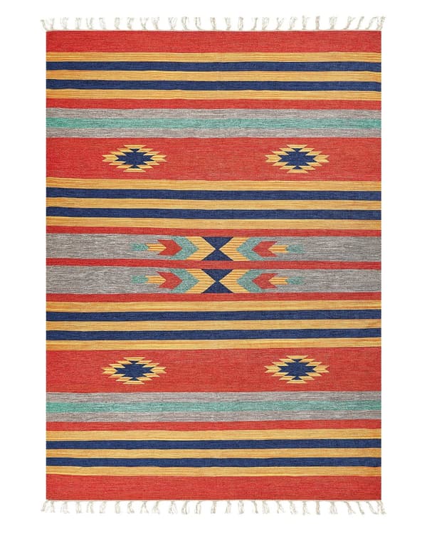 Kelimteppe Flerfarget Bomull 140 x 200 cm Håndvevd Vendbart Geometrisk mønster Frynser Tradisjonell stil Boho Stue Soverom