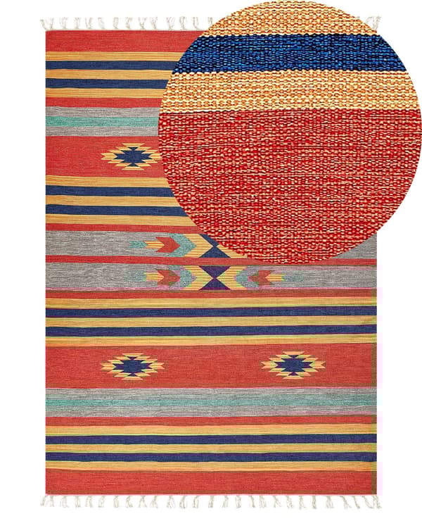 Kelimteppe Flerfarget Bomull 140 x 200 cm Håndvevd Vendbart Geometrisk mønster Frynser Tradisjonell stil Boho Stue Soverom