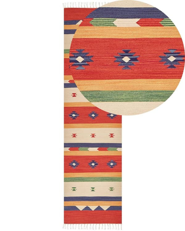 Kelimteppe Flerfarget Bomull 80 x 300 cm Vendbart Håndvevd Geometrisk mønster Frynser Stue Soverom