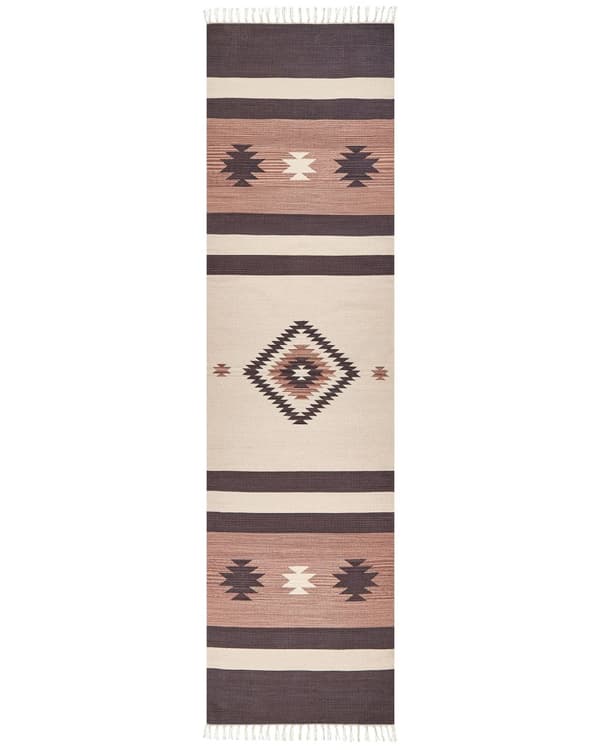 Kelimteppe Beige Brun Bomull 80 x 300 cm Vendbart Håndvevd Geometrisk mønster Frynser Stue Soverom