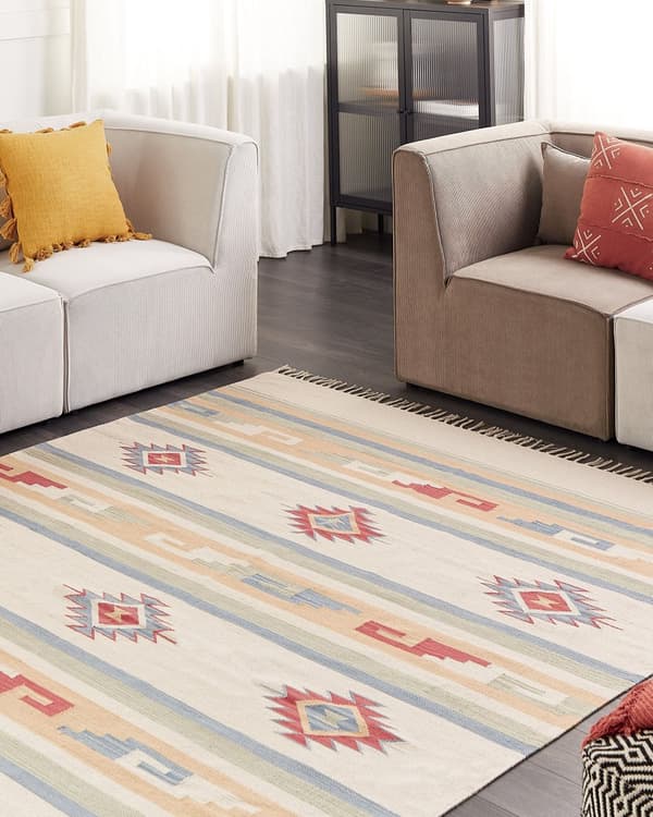 Kelimteppe Flerfarget Bomull 200 x 300 cm Vendbart Håndvevd Geometrisk mønster Frynser Stue Soverom