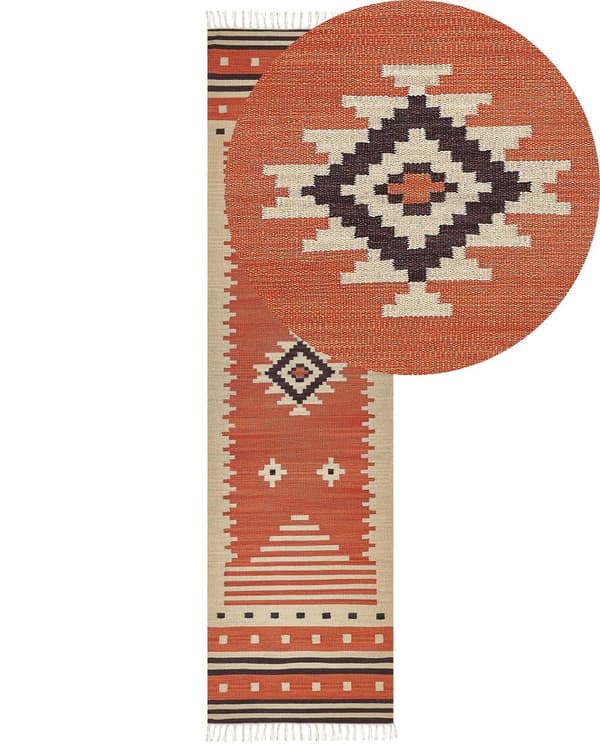 Kelimteppe Oransje Bomull 80 x 300 cm Geometrisk mønster Frynser Håndvevd Tradisjonell stil