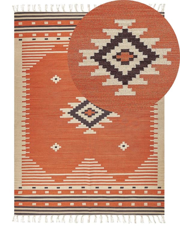 Kelimteppe Oransje Bomull 160 x 230 cm Geometrisk mønster Frynser Håndvevd Tradisjonell stil