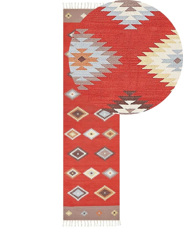 Kelimteppe Flerfarget Bomull 80 x 300 cm Geometrisk mønster Frynser Tradisjonell stil