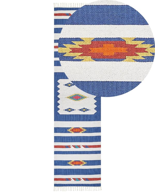 Kelimteppe Flerfarget Bomull 80 x 300 cm Håndvevd Vendbart Geometrisk mønster Frynser Tradisjonell stil Boho Stue Soverom