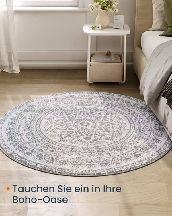 Tæppe omkring 120 cm d boho stil due grå