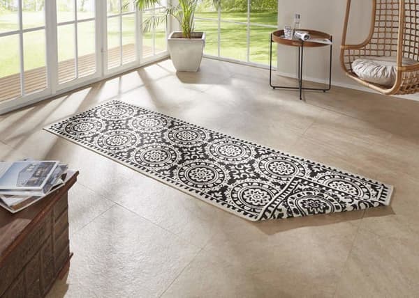 Bougari - 104129-80x350 - Jardin vändbar tygmatta för inomhus och utomhus, svart/kräm, 80x350 cm