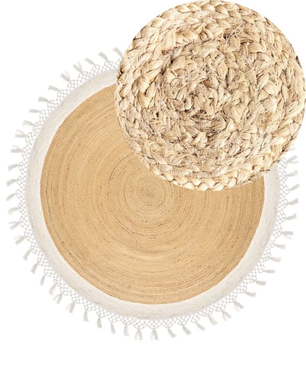 Teppe Beige Hvit Jute ø 200 cm Rund form Håndlaget Flettet Naturlig materiale Bohemsk og rustikk stil Gulvteppe