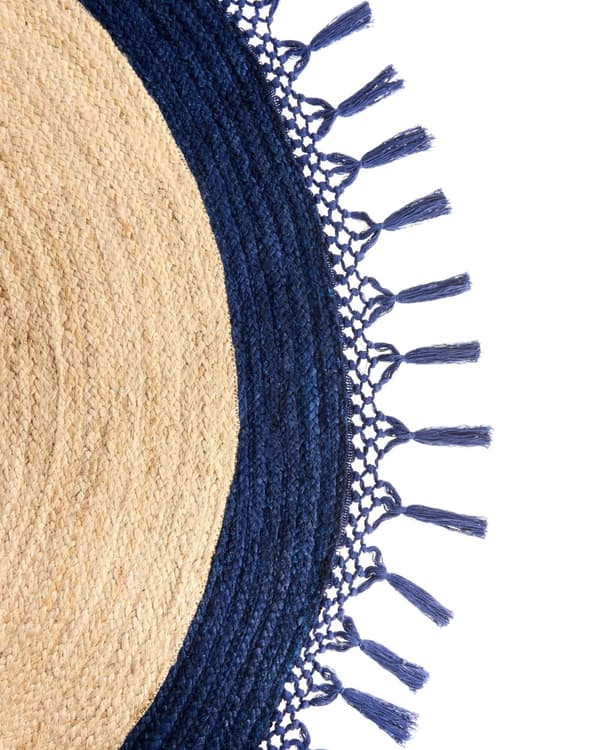 Teppe Beige Mørkeblå Jute ø 200 cm Rund form Håndlaget Flettet Naturlig materiale Bohemsk og rustikk stil Gulvteppe