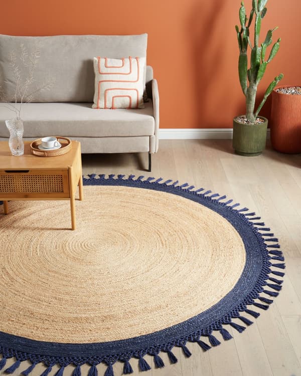 Teppe Beige Mørkeblå Jute ø 200 cm Rund form Håndlaget Flettet Naturlig materiale Bohemsk og rustikk stil Gulvteppe