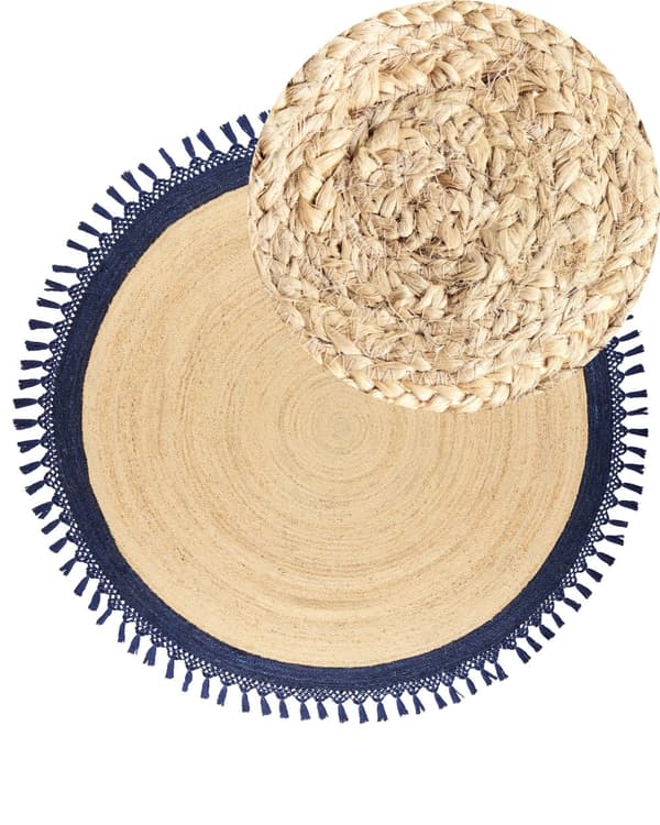 Teppe Beige Mørkeblå Jute ø 200 cm Rund form Håndlaget Flettet Naturlig materiale Bohemsk og rustikk stil Gulvteppe