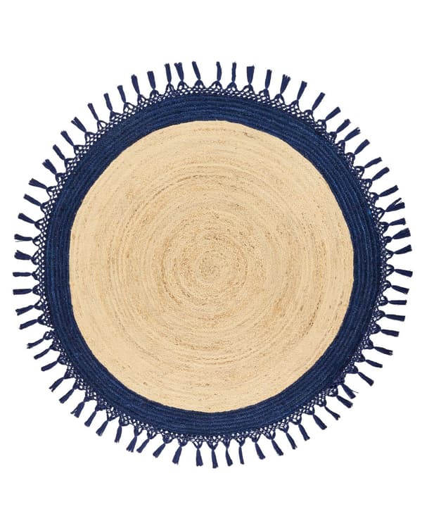 Teppe Beige Mørkeblå Jute ø 140 cm Rund form Håndlaget Flettet Naturlig materiale Bohemsk og rustikk stil Gulvteppe