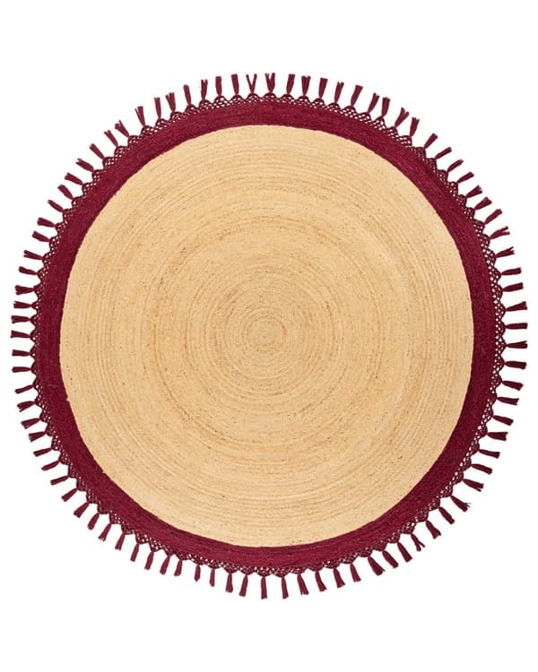 Gulvtæppe Beige Rød Jute ø 200 cm Rund Natur Tæppe Mønster Rustik Boho Stil Fladvævet Flettet til Stuen Entré Indretning Tilbehør