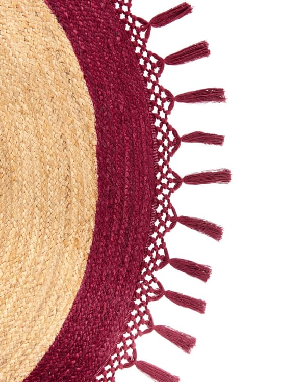 Gulvtæppe Beige Rød Jute ø 200 cm Rund Natur Tæppe Mønster Rustik Boho Stil Fladvævet Flettet til Stuen Entré Indretning Tilbehør