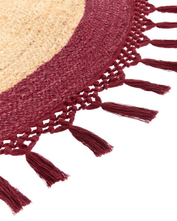Gulvtæppe Beige Rød Jute ø 200 cm Rund Natur Tæppe Mønster Rustik Boho Stil Fladvævet Flettet til Stuen Entré Indretning Tilbehør
