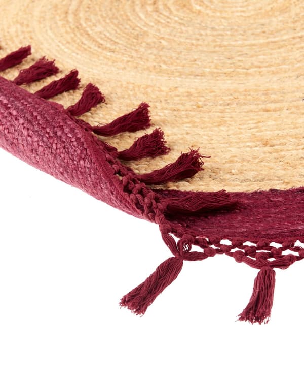 Gulvtæppe Beige Rød Jute ø 200 cm Rund Natur Tæppe Mønster Rustik Boho Stil Fladvævet Flettet til Stuen Entré Indretning Tilbehør