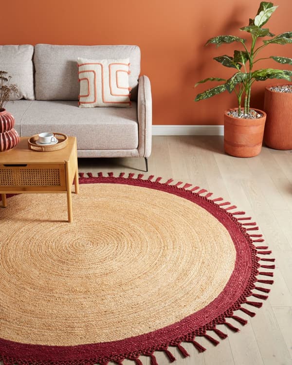 Gulvtæppe Beige Rød Jute ø 200 cm Rund Natur Tæppe Mønster Rustik Boho Stil Fladvævet Flettet til Stuen Entré Indretning Tilbehør