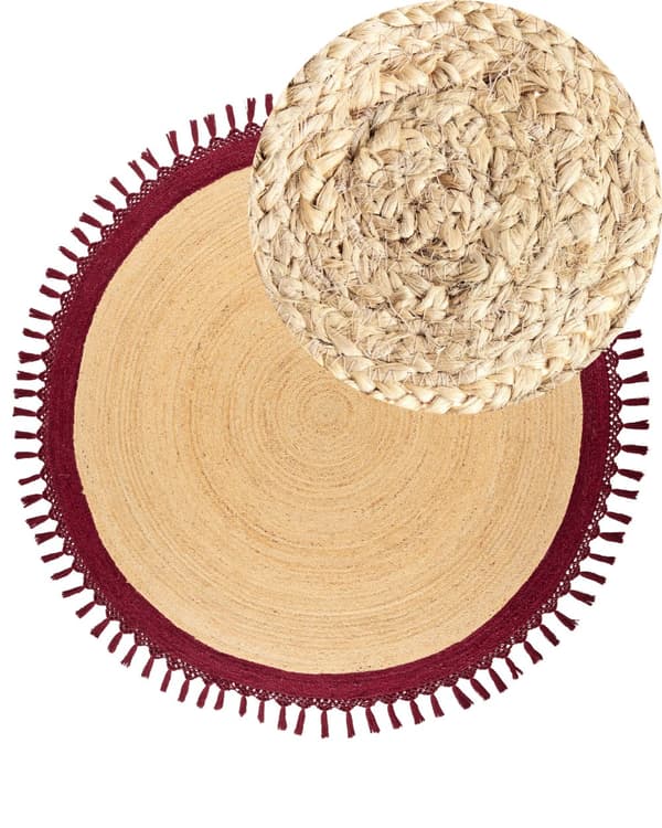 Gulvtæppe Beige Rød Jute ø 200 cm Rund Natur Tæppe Mønster Rustik Boho Stil Fladvævet Flettet til Stuen Entré Indretning Tilbehør