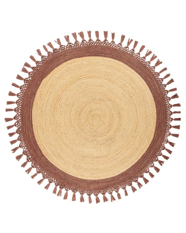 Beige med brunt rundt jutetæppe 140 cm boho rustik naturlig stue soveværelse spisestue håndflettet