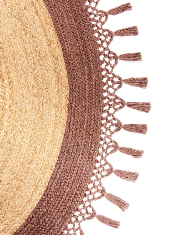 Beige med brunt rundt jutetæppe 140 cm boho rustik naturlig stue soveværelse spisestue håndflettet