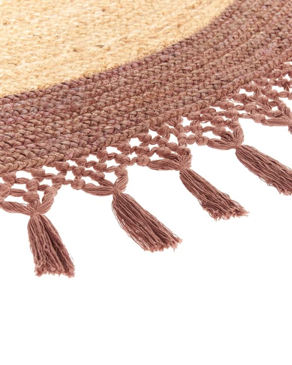Beige med brunt rundt jutetæppe 140 cm boho rustik naturlig stue soveværelse spisestue håndflettet