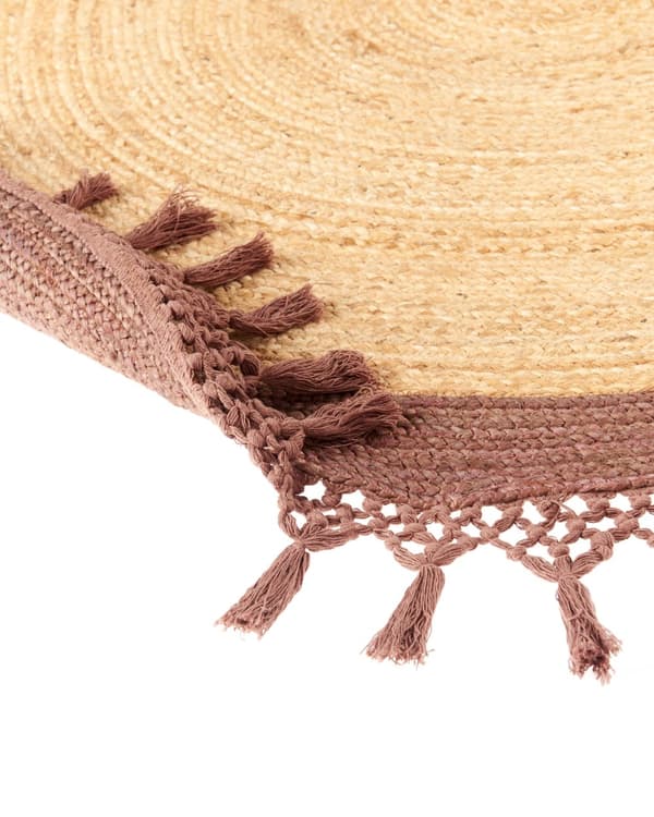 Beige med brunt rundt jutetæppe 140 cm boho rustik naturlig stue soveværelse spisestue håndflettet