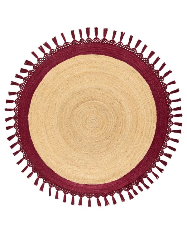 Gulvtæppe Beige Rød Jute ø 140 cm Rund Natur Tæppe Mønster Rustik Boho Stil Fladvævet Flettet til Stuen Entré Indretning Tilbehør