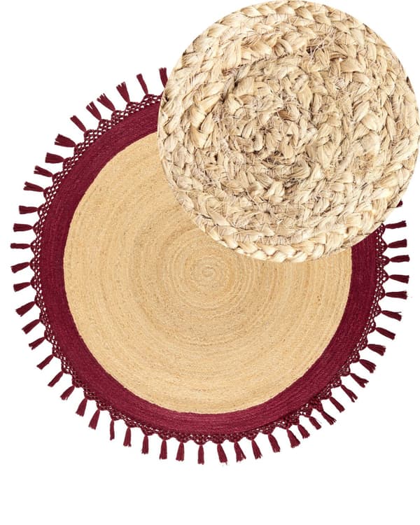 Gulvtæppe Beige Rød Jute ø 140 cm Rund Natur Tæppe Mønster Rustik Boho Stil Fladvævet Flettet til Stuen Entré Indretning Tilbehør