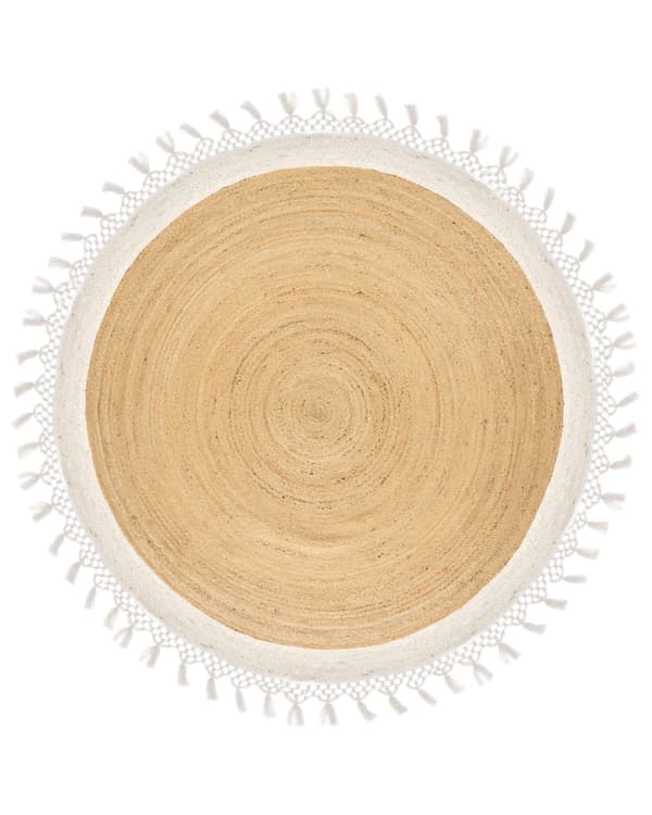 Gulvtæppe Beige Hvid Jute ø 200 cm Rund Natur Tæppe Mønster Rustik Boho Stil Fladvævet Flettet til Stuen Entré Indretning Tilbehør