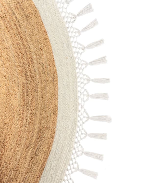 Gulvtæppe Beige Hvid Jute ø 200 cm Rund Natur Tæppe Mønster Rustik Boho Stil Fladvævet Flettet til Stuen Entré Indretning Tilbehør
